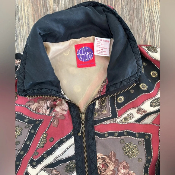 Active Studio Geometric Rose Silk Track Jacket Womens M Removable Sleeves Vtg - Picture 8 of 15